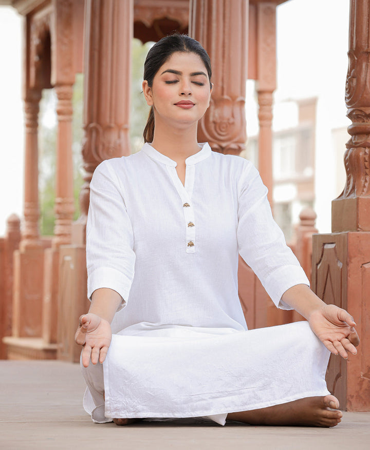 White Solid Cotton Casual Kurta Pant Set