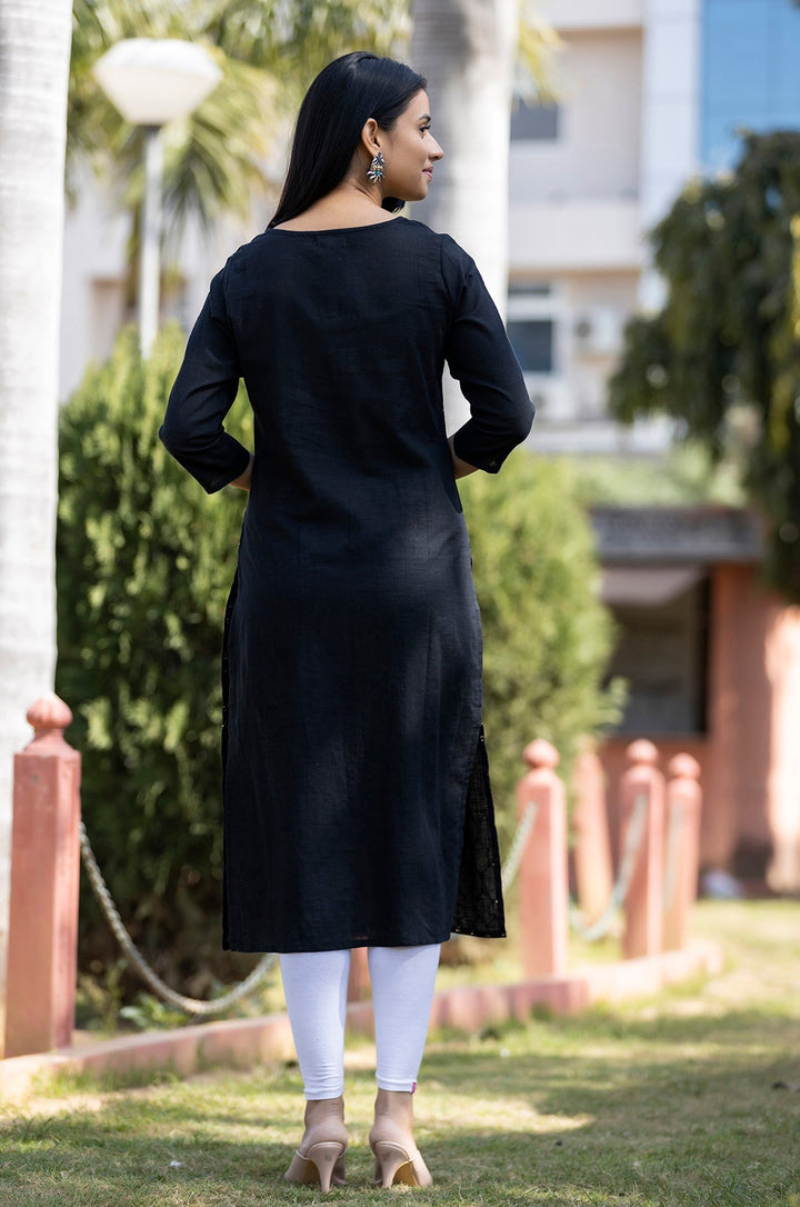 Black Solid Sequins Embellished Cotton Casual Kurta