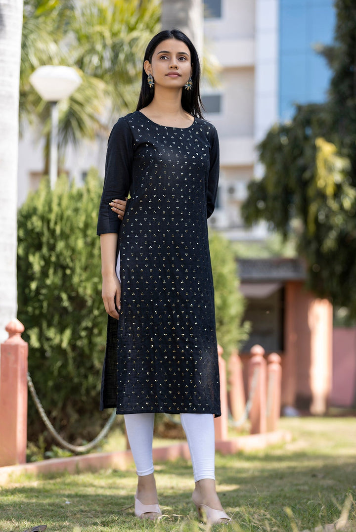 Black Solid Sequins Embellished Cotton Casual Kurta