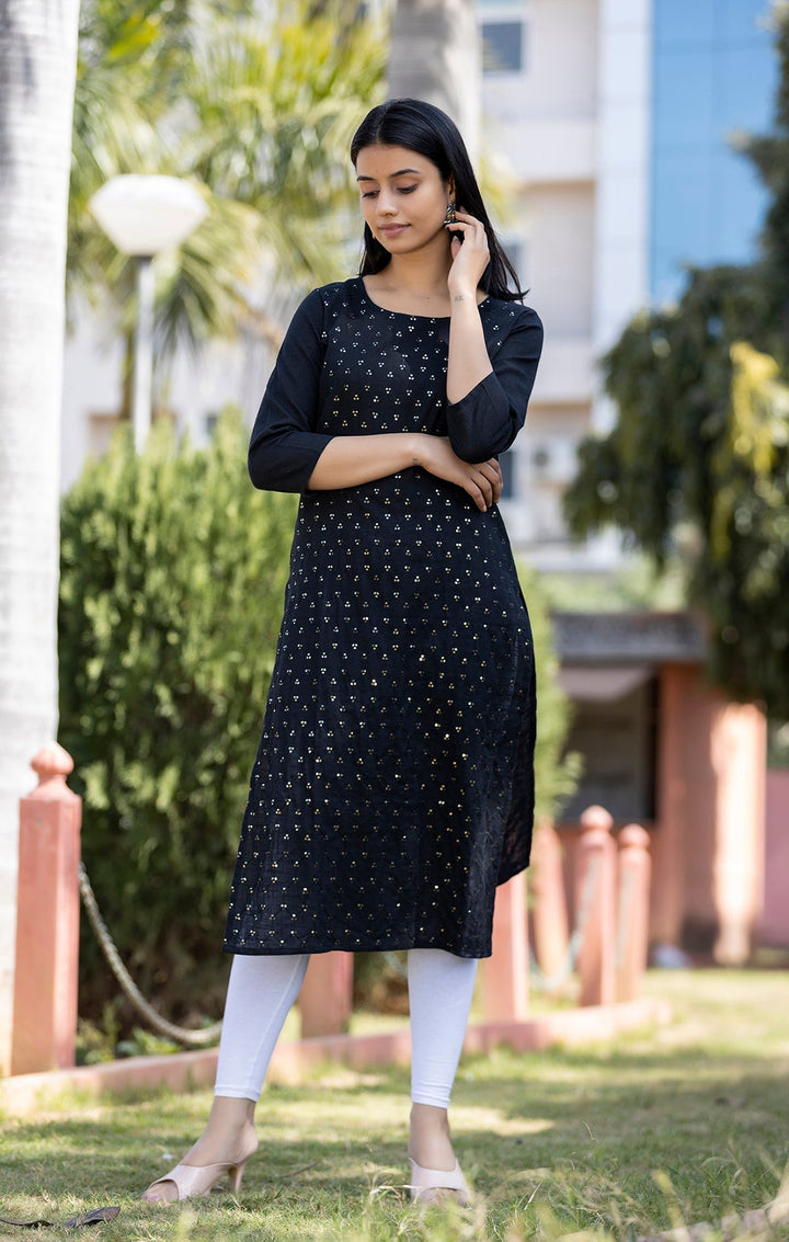 Black Solid Sequins Embellished Cotton Casual Kurta