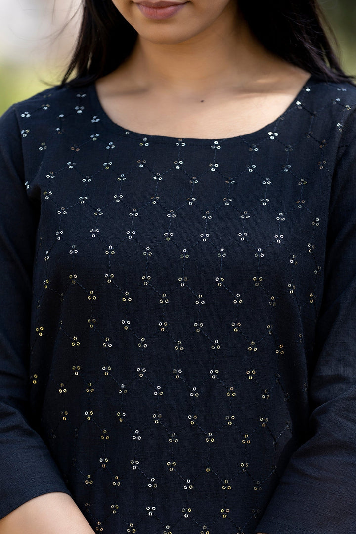Black Solid Sequins Embellished Cotton Casual Kurta