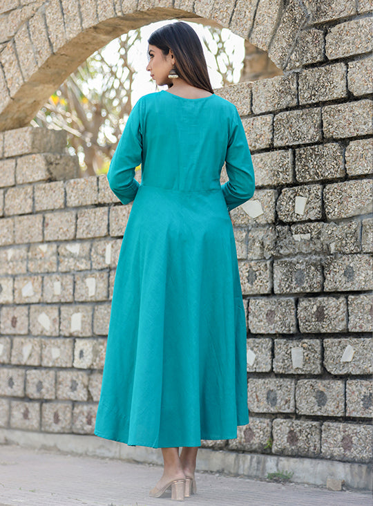 Teal Green Sequin Cotton Anarkali Kurta