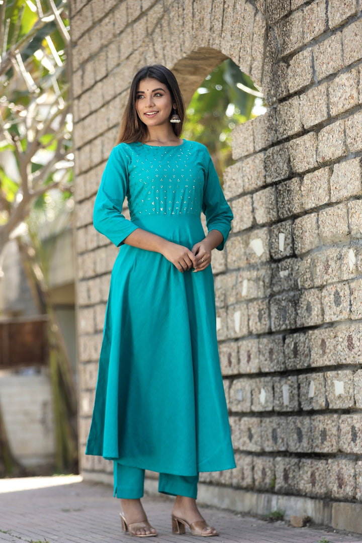 Teal Green Sequin Cotton Anarkali Kurta