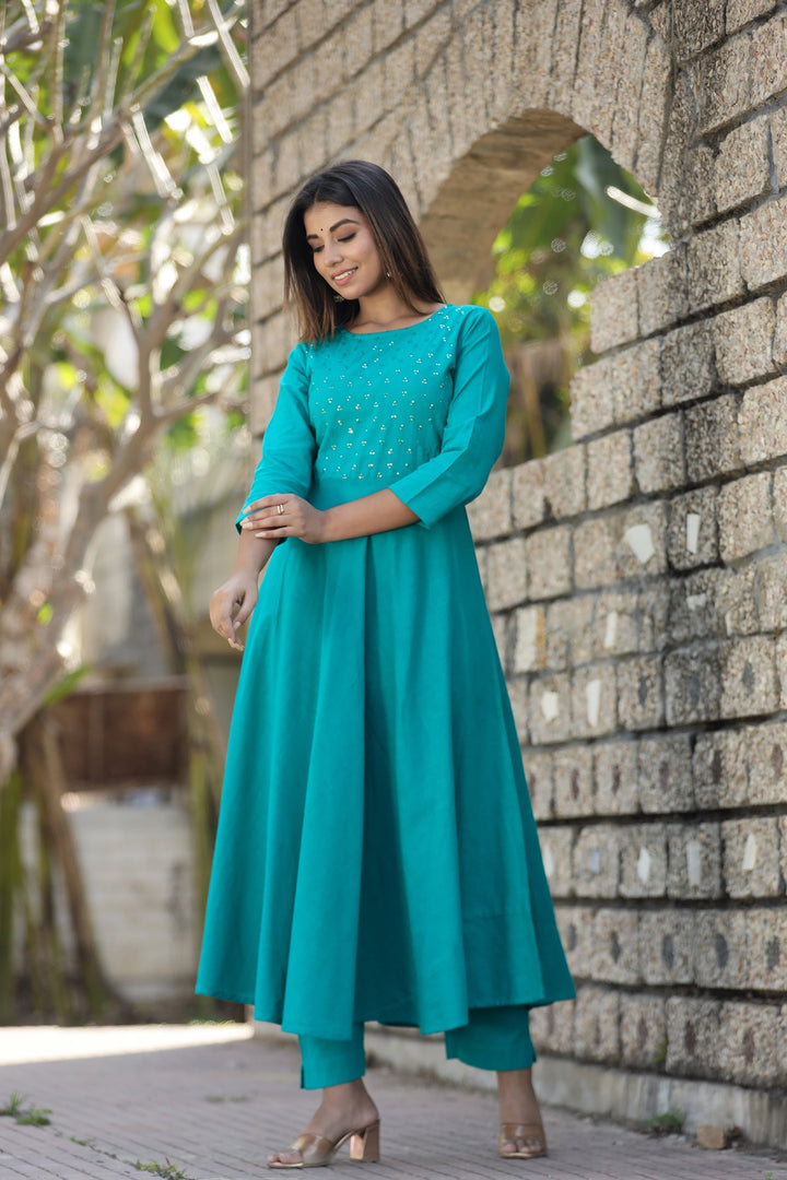 Teal Green Sequin Cotton Anarkali Kurta