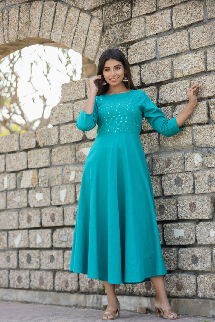 Teal Green Sequin Cotton Anarkali Kurta