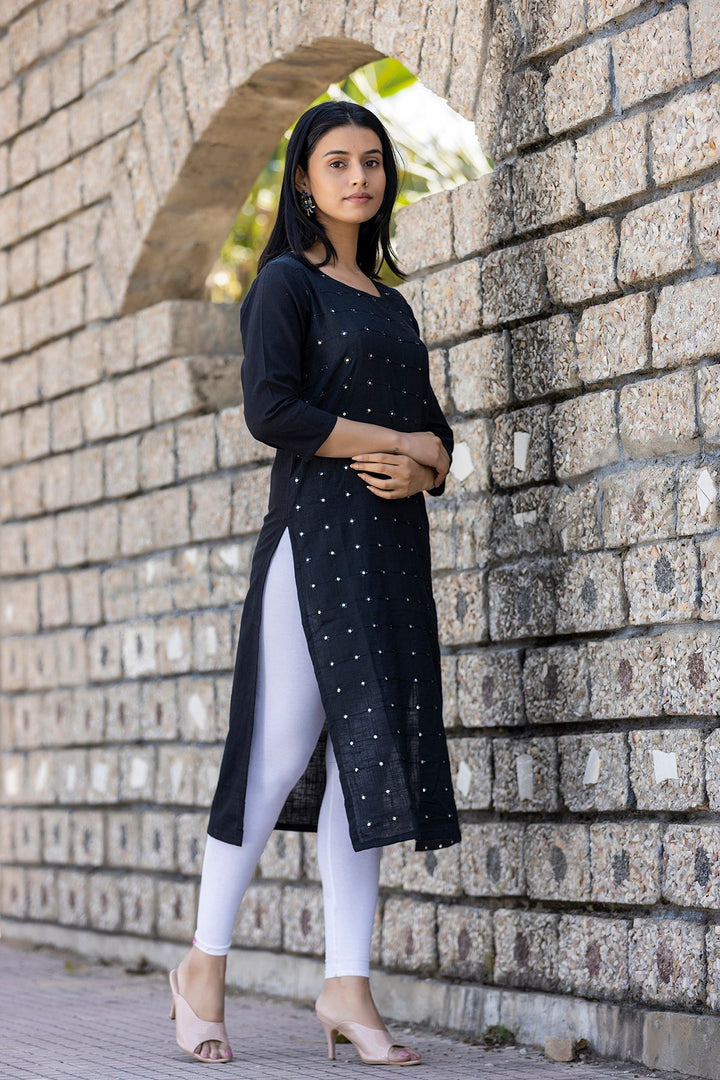 Black Solid Mirror Embellished Cotton Casual Kurta
