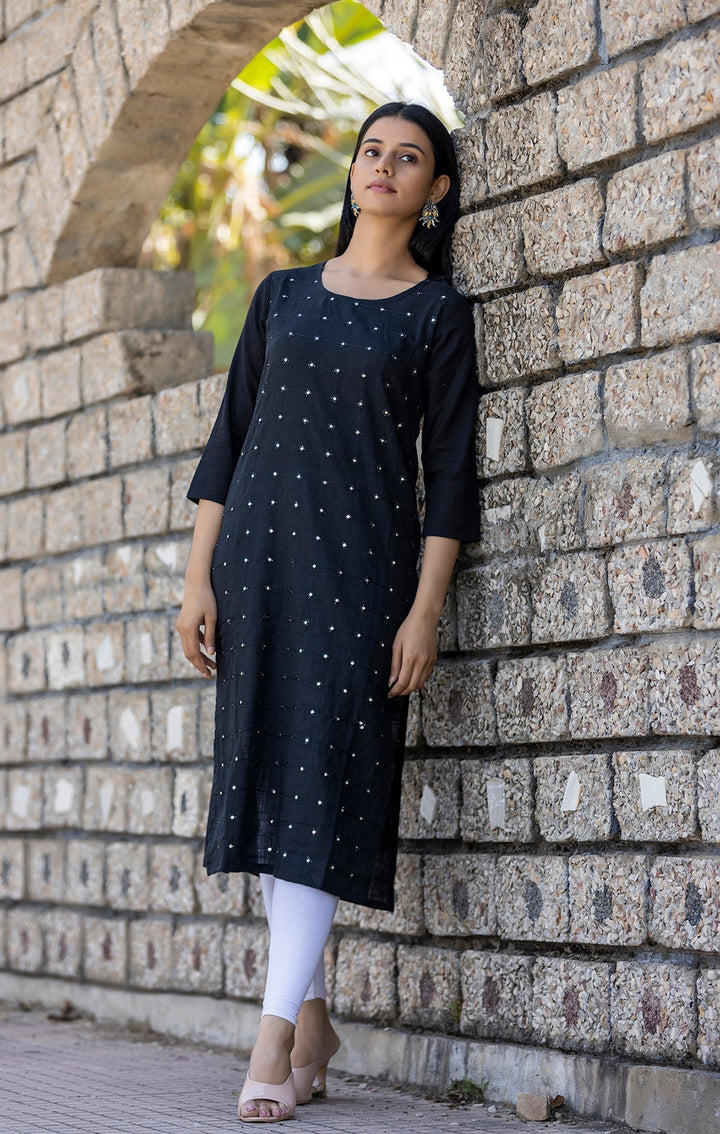 Black Solid Mirror Embellished Cotton Casual Kurta