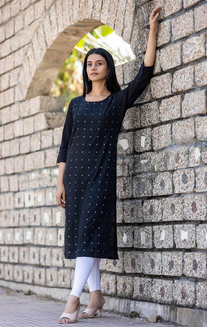 Black Solid Mirror Embellished Cotton Casual Kurta