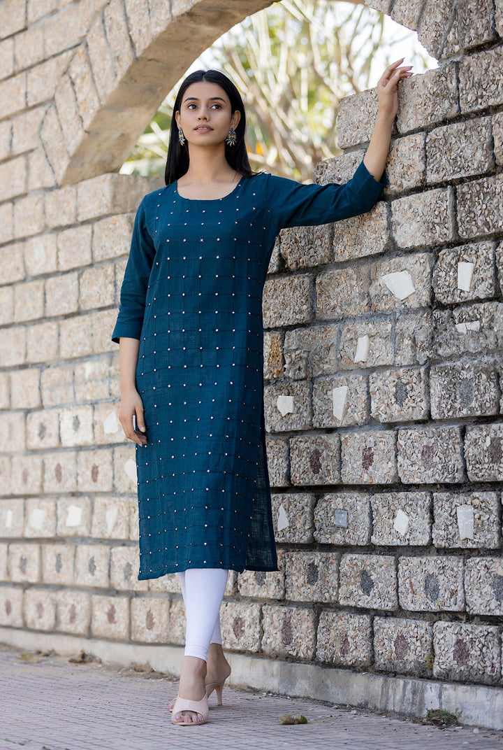 Navy Blue Solid Mirror Embellished Cotton Casual Kurta