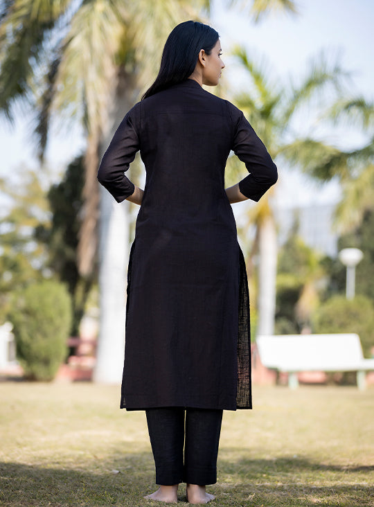 Black Solid Cotton Casual Kurta