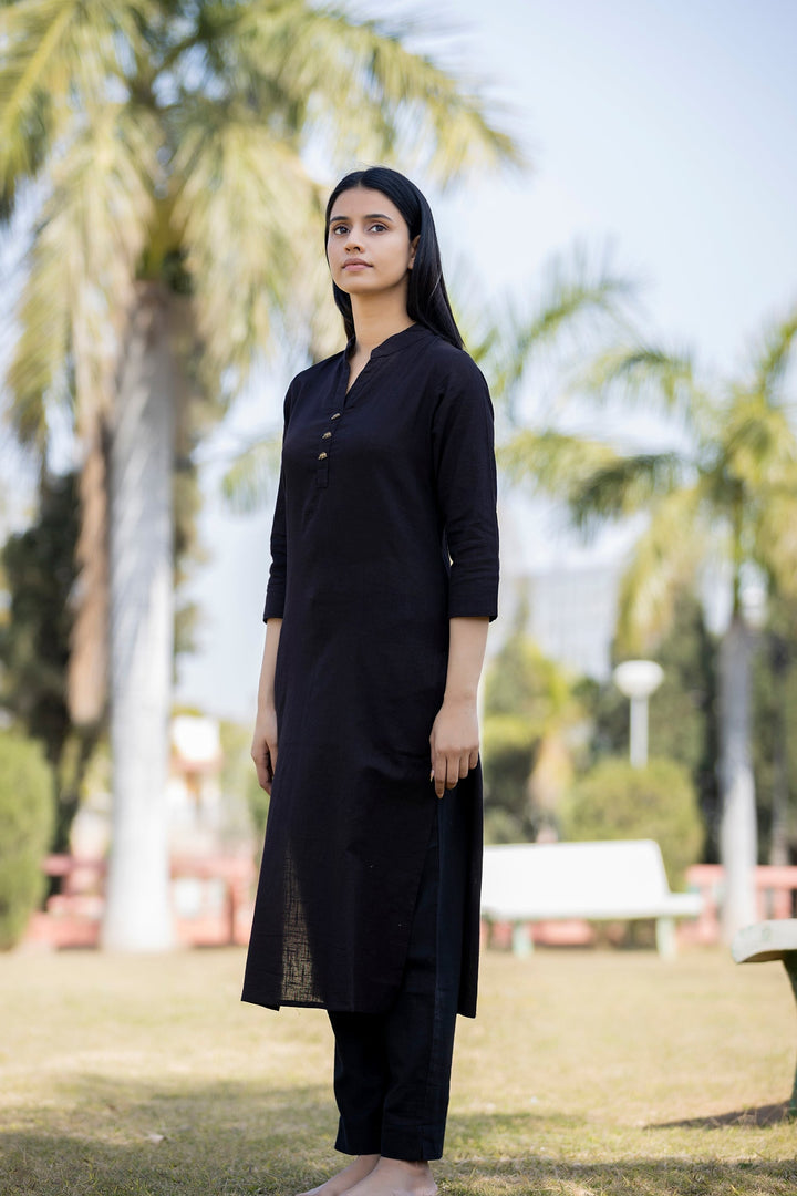 Black Solid Cotton Casual Kurta