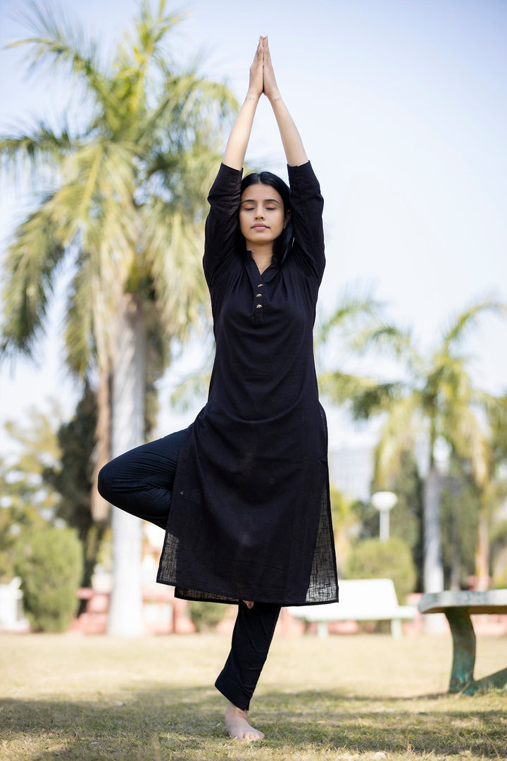 Black Solid Cotton Kurta Pant Set