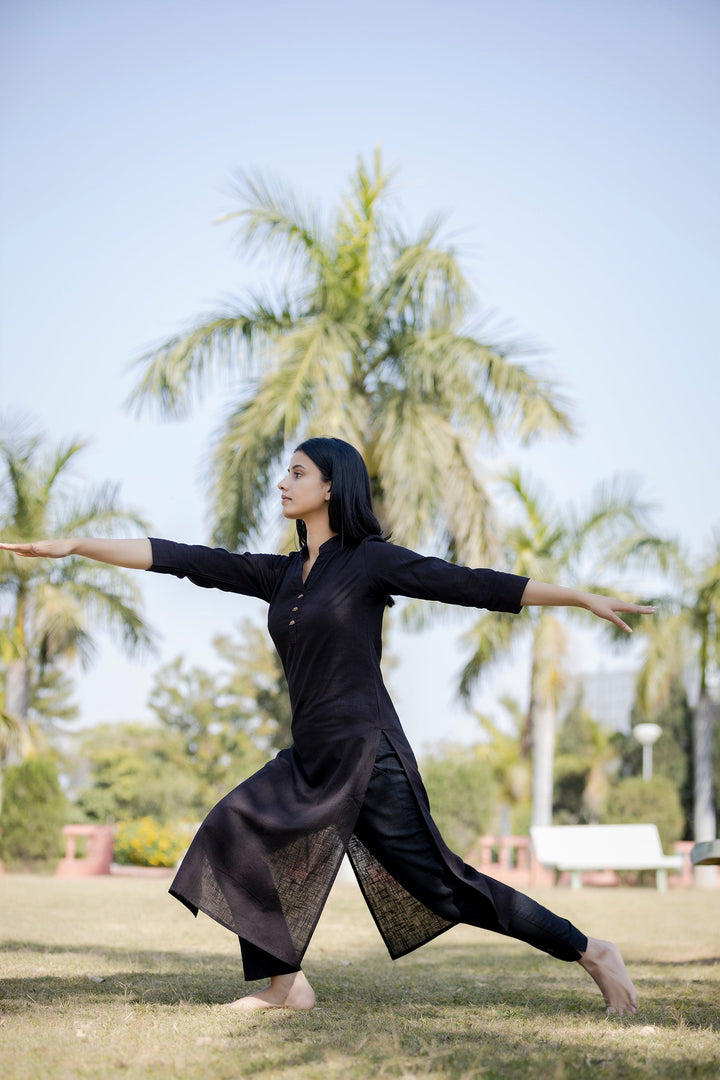 Black Solid Cotton Casual Kurta