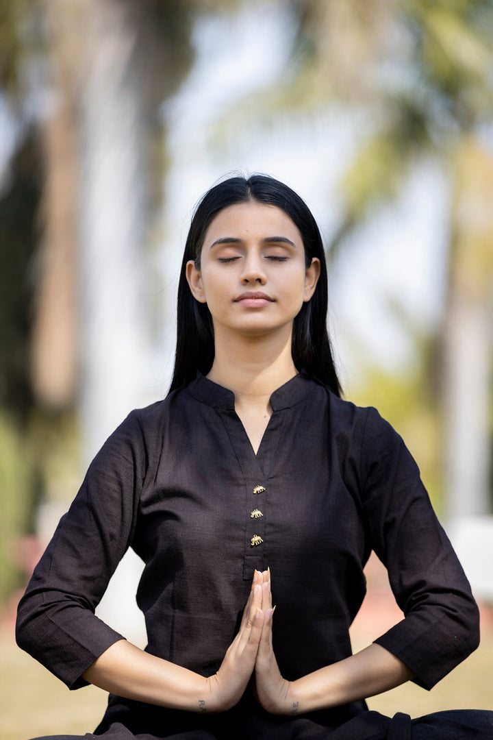 Black Solid Cotton Kurta Pant Set