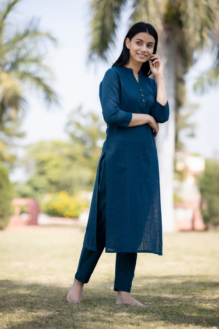 Navy Blue Solid Cotton Kurta Pant Set