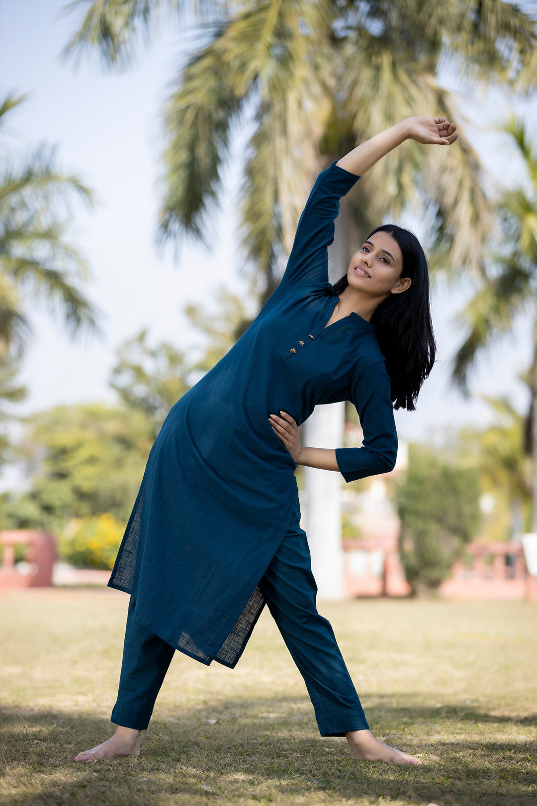 Navy Blue Solid Cotton Kurta Pant Set