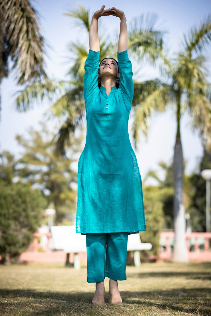 Teal Green Solid Cotton Casual Kurta