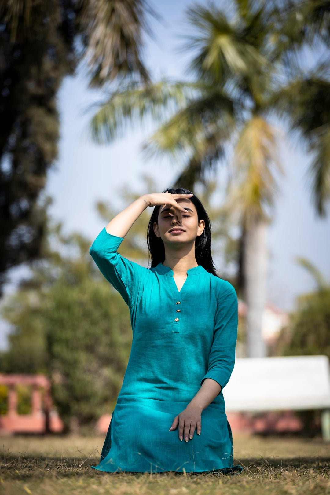 Teal Green Solid Cotton Casual Kurta