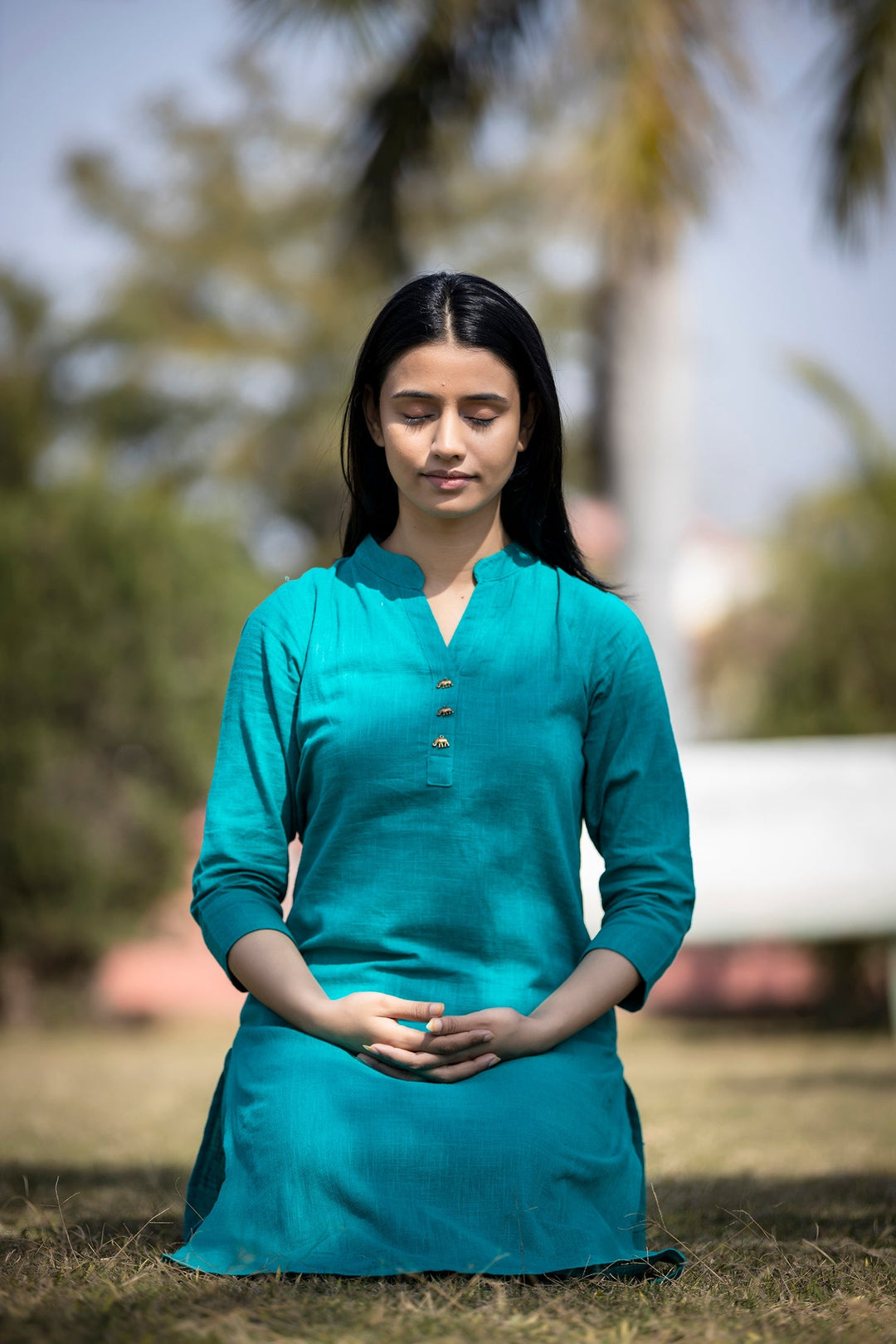 Teal Green Solid Cotton Kurta Pant Set