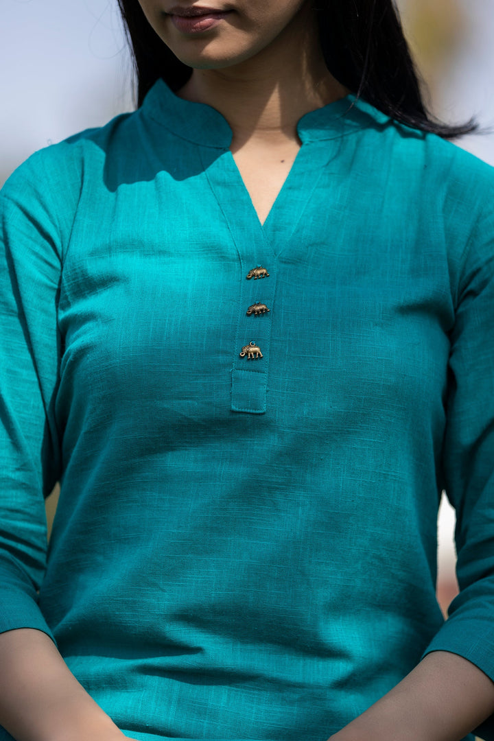 Teal Green Solid Cotton Casual Kurta