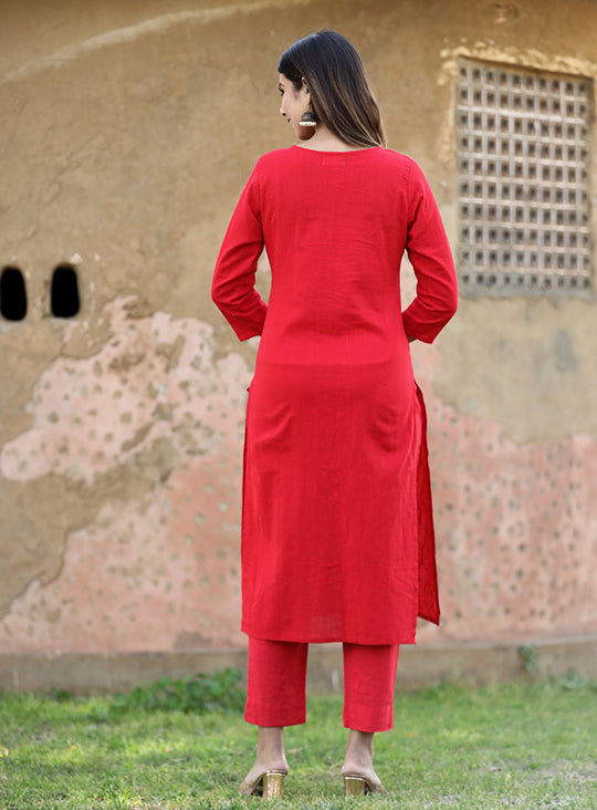 Red Solid Sequins Embellished Kurta Pant Set