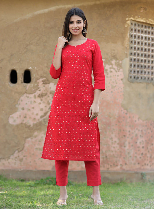 Red Solid Sequins Embellished Kurta Pant Set