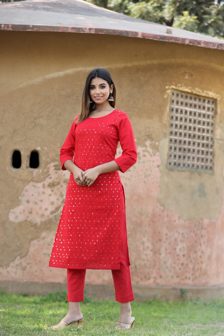 Red Solid Sequins Embellished Kurta Pant Set