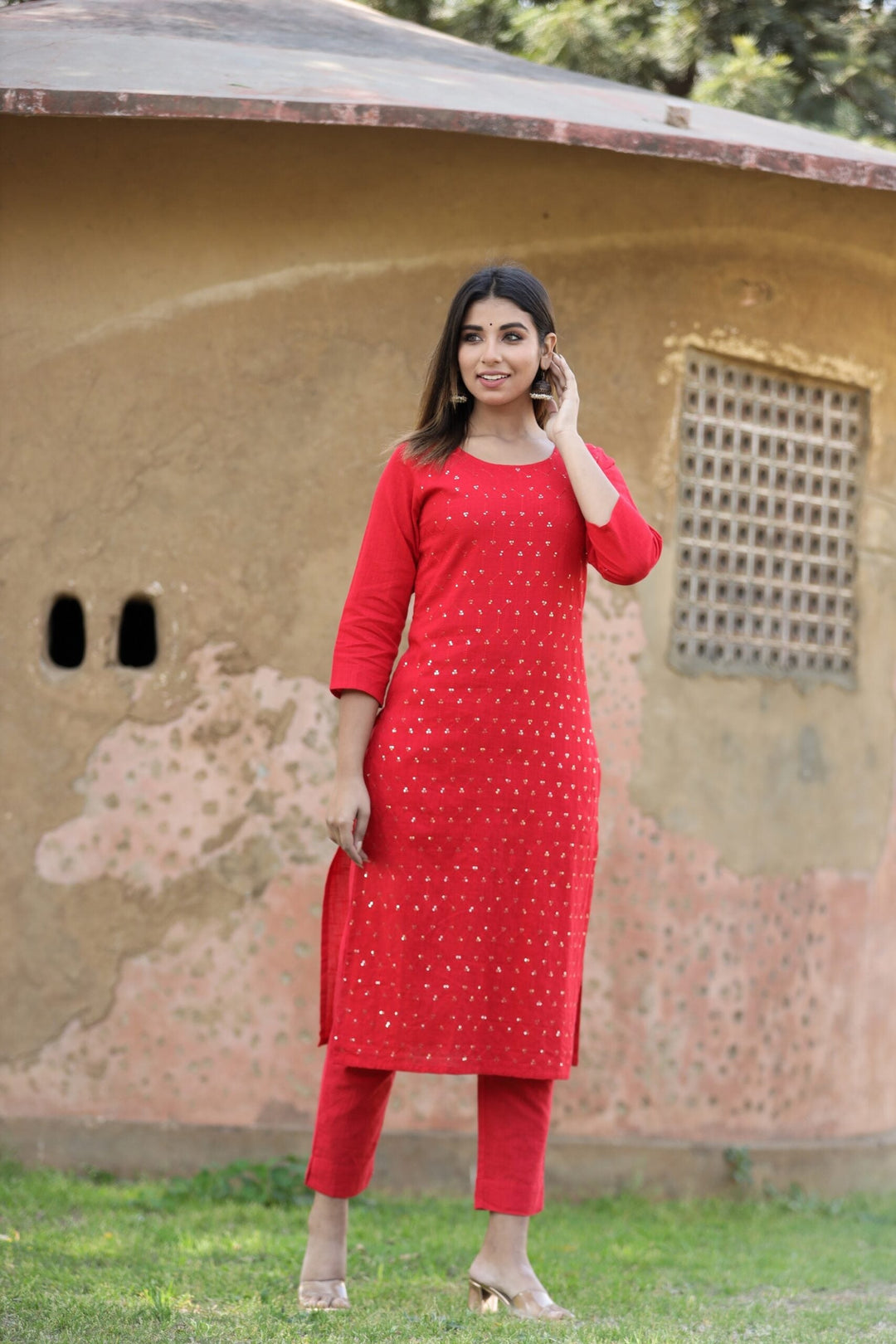 Red Solid Sequins Embellished Kurta Pant Set