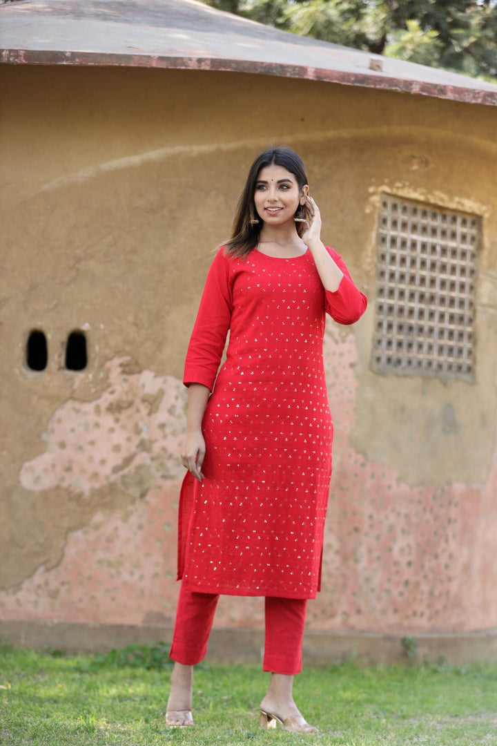 Red Solid Sequins Embellished Kurta Pant Set