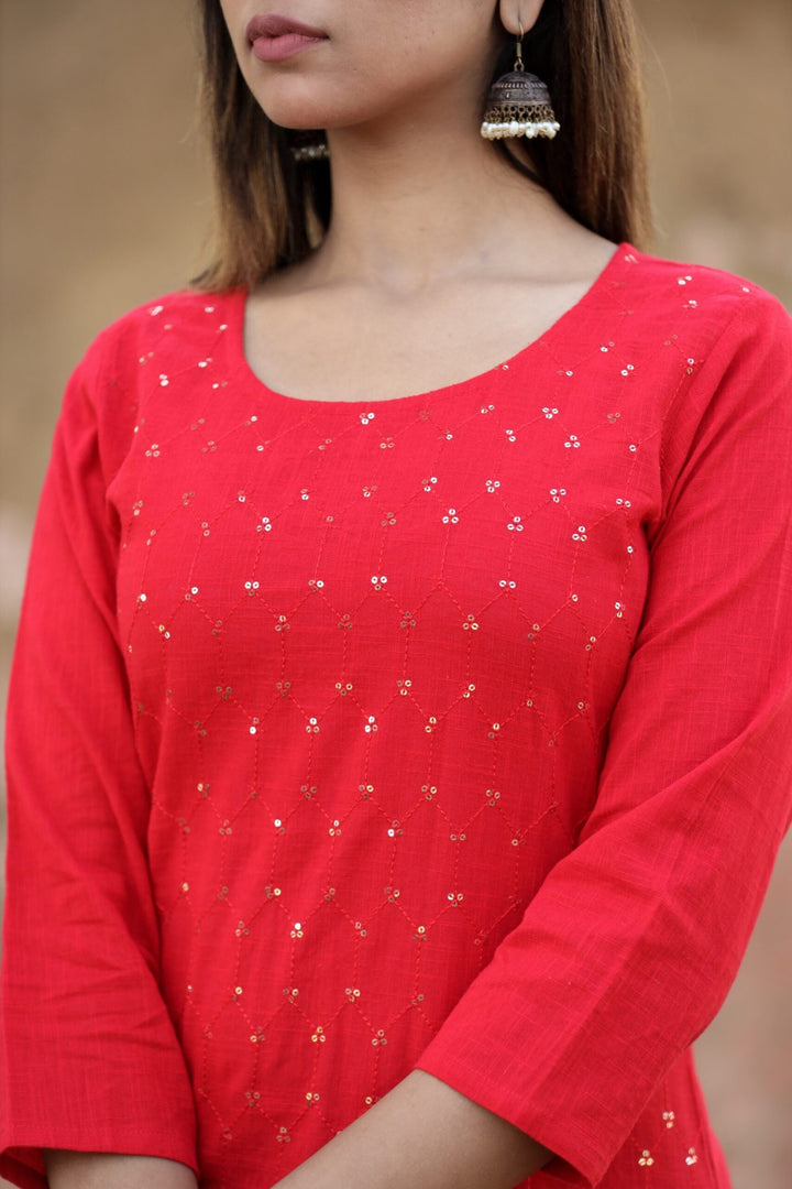 Red Solid Sequins Embellished Kurta Pant Set