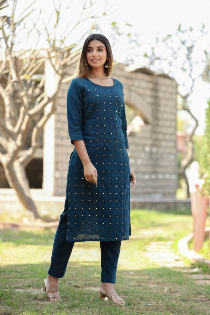 Navy Blue Solid Mirror Embellished Kurta Pant Set