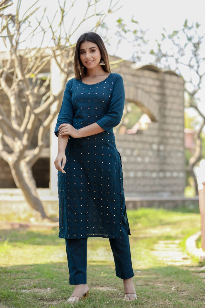 Navy Blue Solid Mirror Embellished Kurta Pant Set