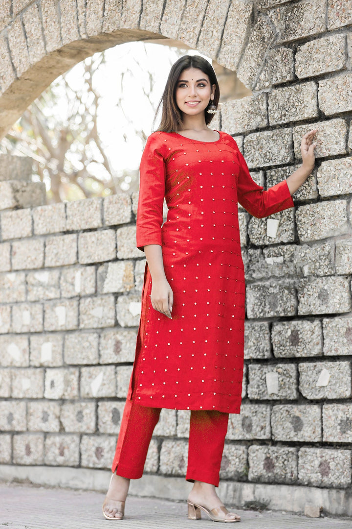 Red Solid Mirror Embellished Kurta Pant Set