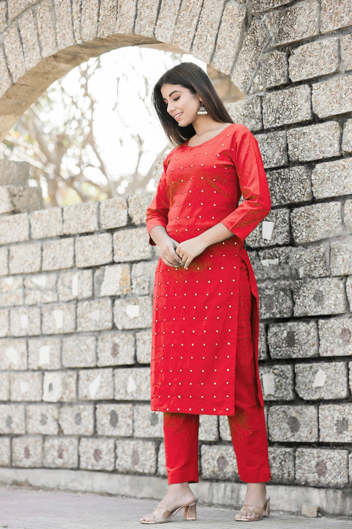 Red Solid Mirror Embellished Kurta Pant Set