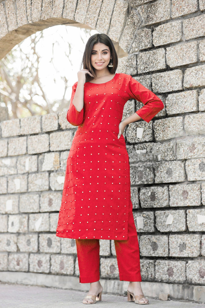 Red Solid Mirror Embellished Kurta Pant Set