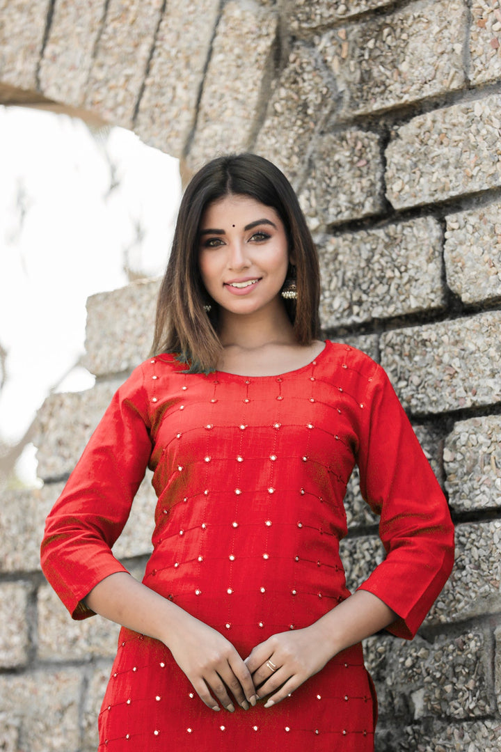 Red Solid Mirror Embellished Kurta Pant Set