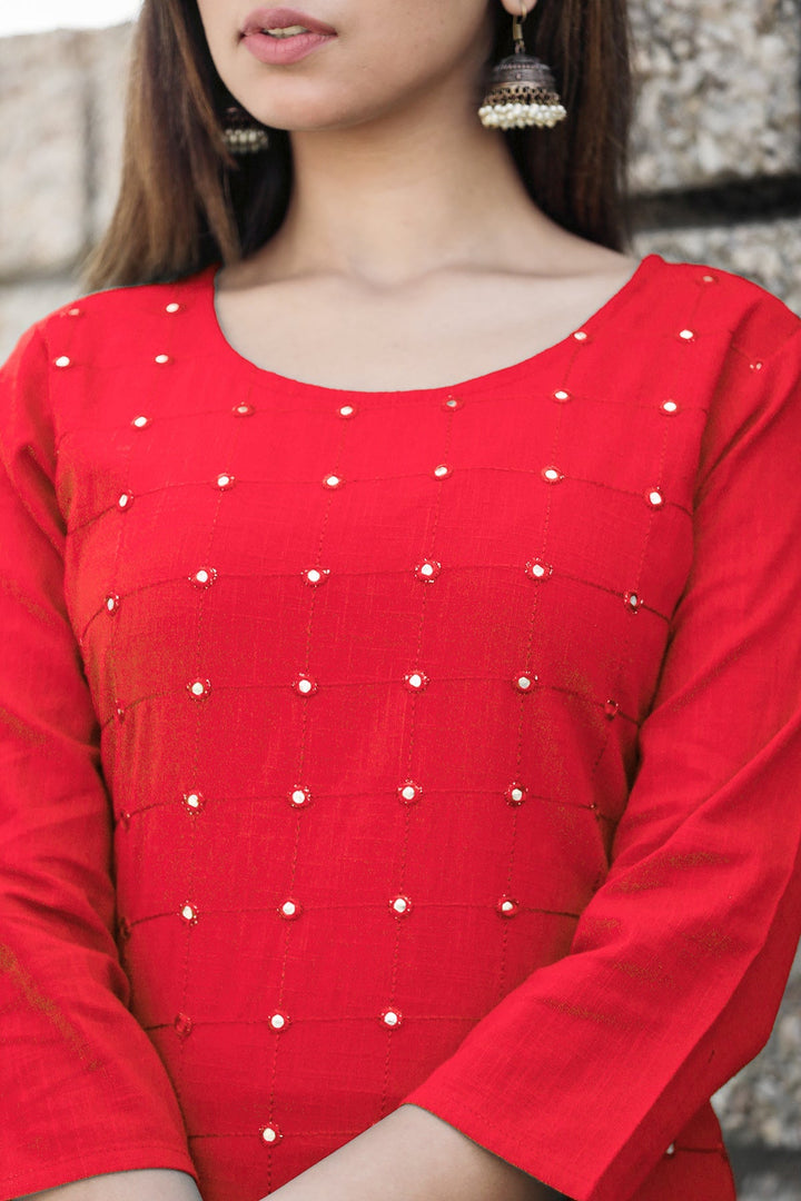 Red Solid Mirror Embellished Kurta Pant Set