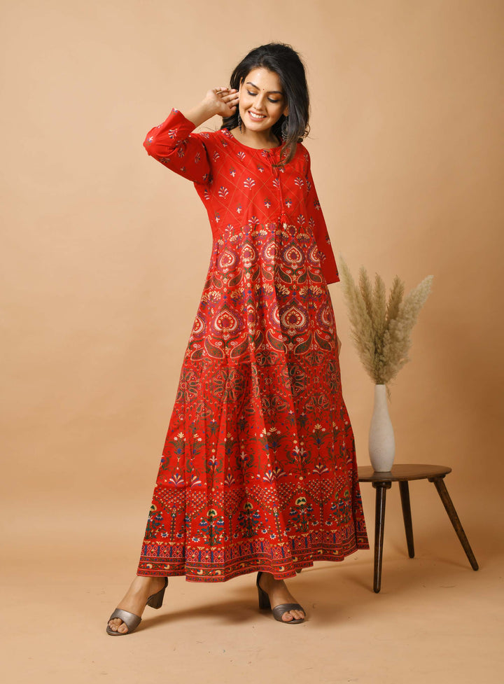 Red Gold Printed Ethnic Gown