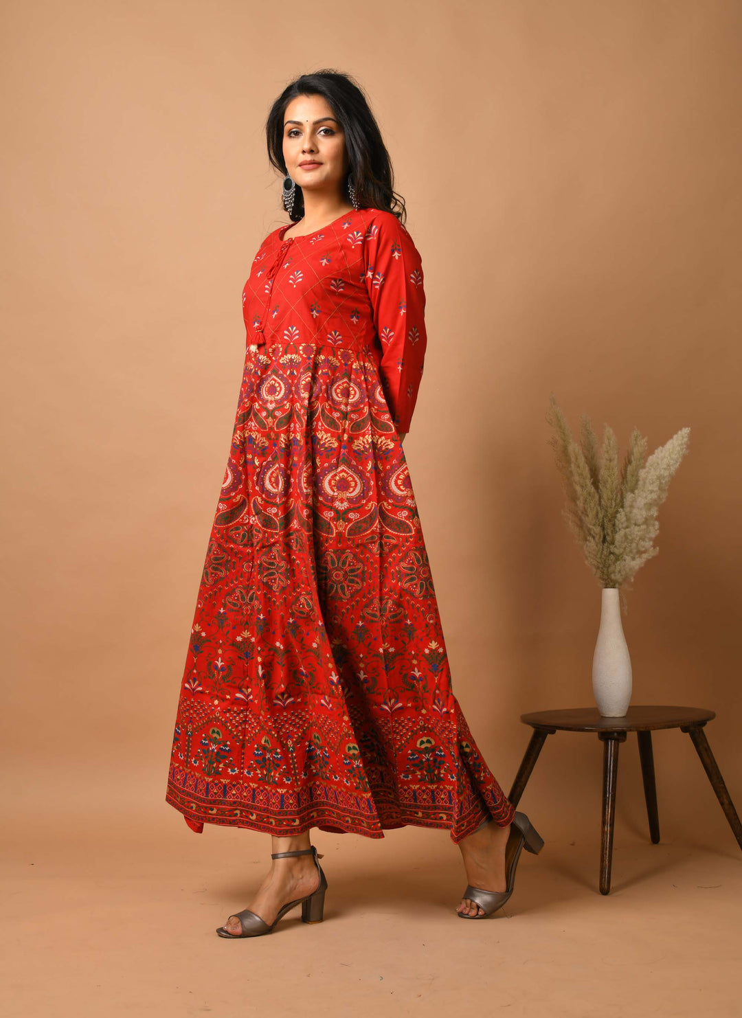 Red Gold Printed Ethnic Gown