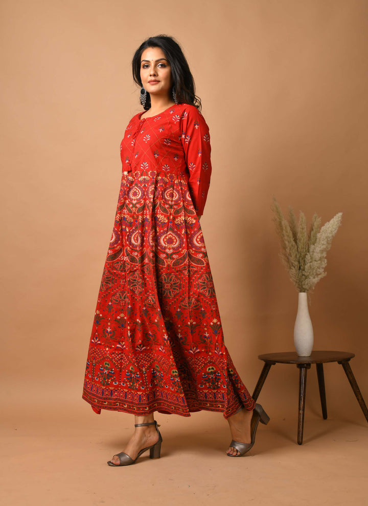 Red Gold Printed Ethnic Gown