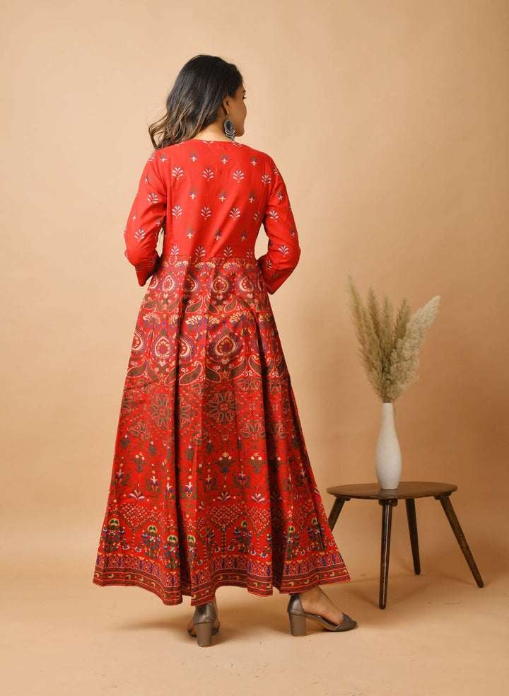Red Gold Printed Ethnic Gown