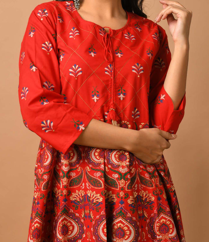 Red Gold Printed Ethnic Gown