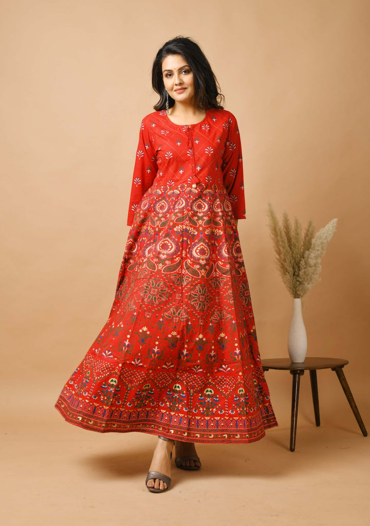 Red Gold Printed Ethnic Gown