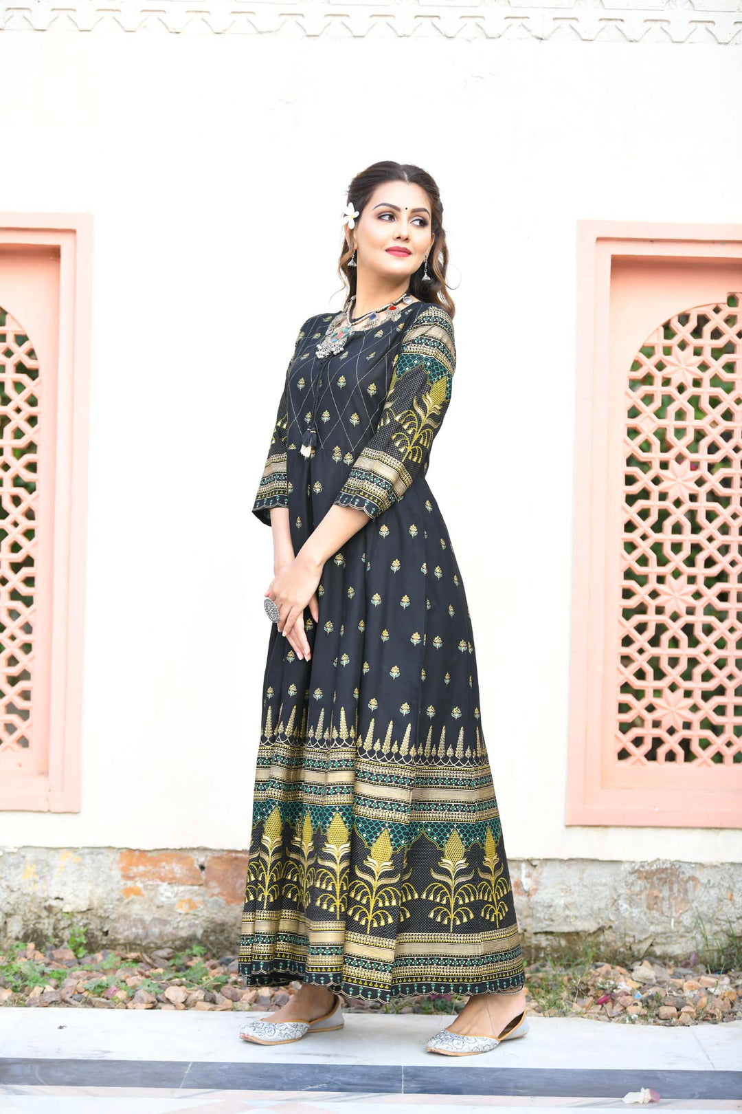 Black Green Gold Printed Embellishment Ethnic Gown