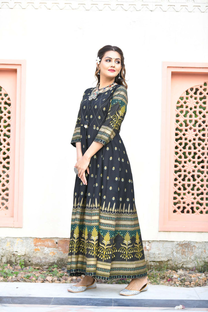 Black Green Gold Printed Embellishment Ethnic Gown