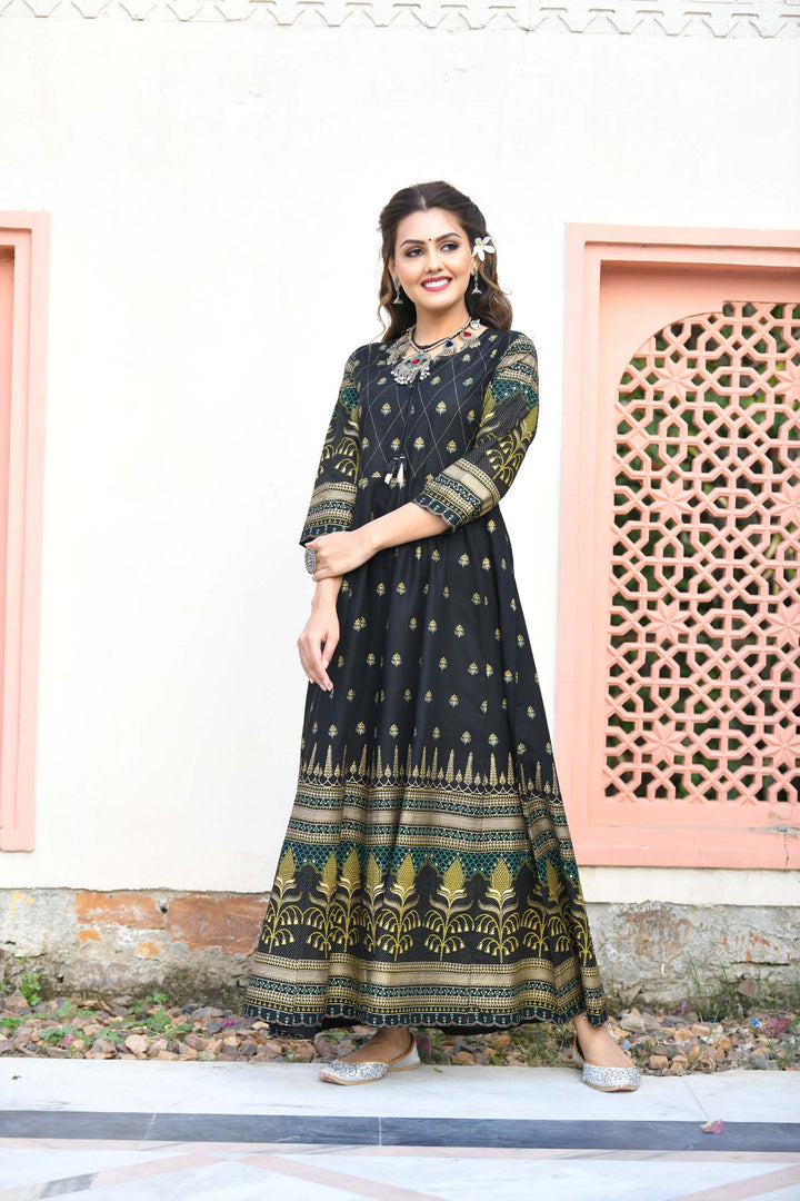 Black Green Gold Printed Embellishment Ethnic Gown