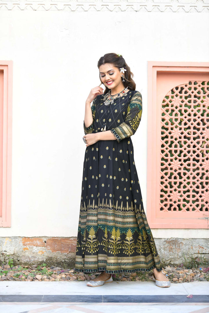Black Green Gold Printed Embellishment Ethnic Gown