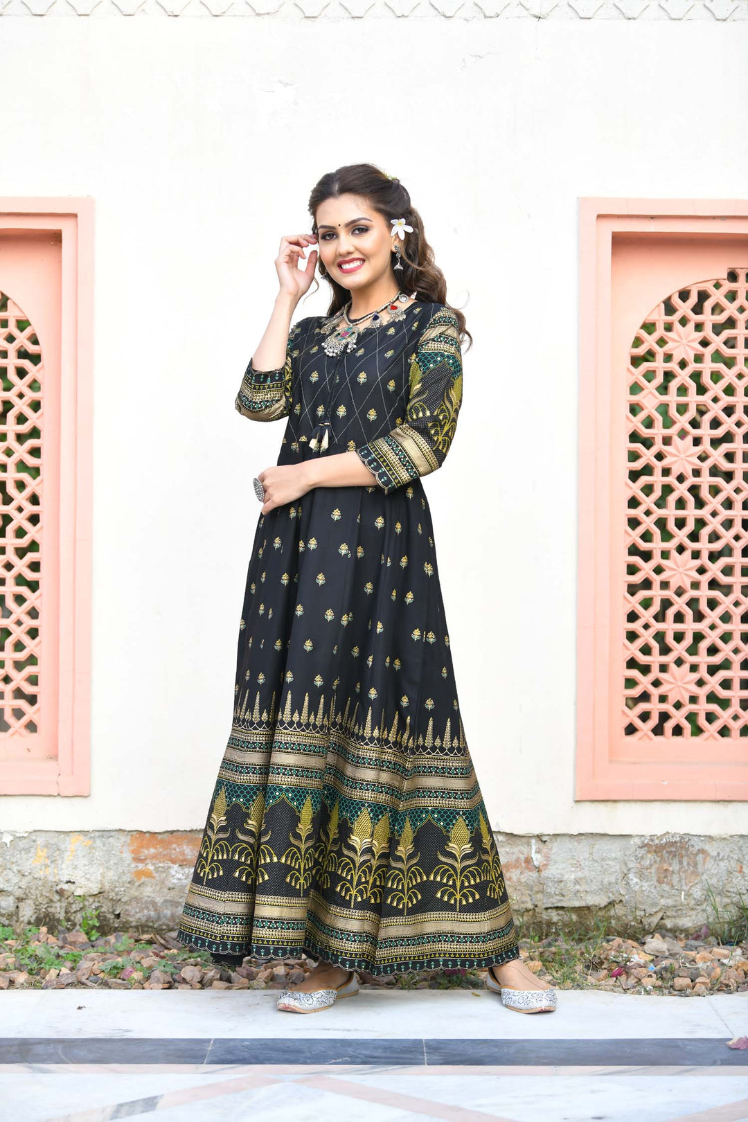 Black Green Gold Printed Embellishment Ethnic Gown