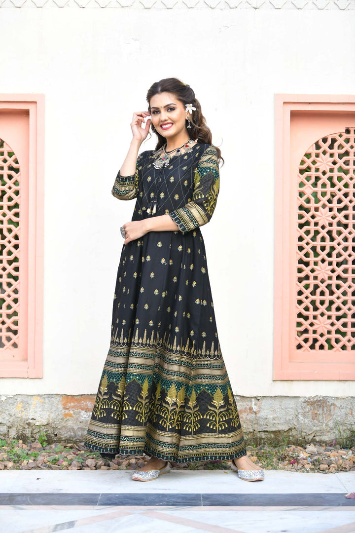 Black Green Gold Printed Embellishment Ethnic Gown