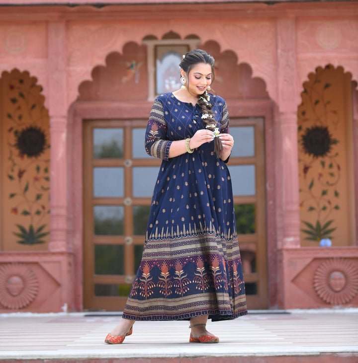 Blue Gold Printed Embellishment Ethnic Gown
